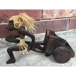 JAVA ISLAND MAN Pulling Cart Hand Crafted Wood Figure Indonesia Primitive‎